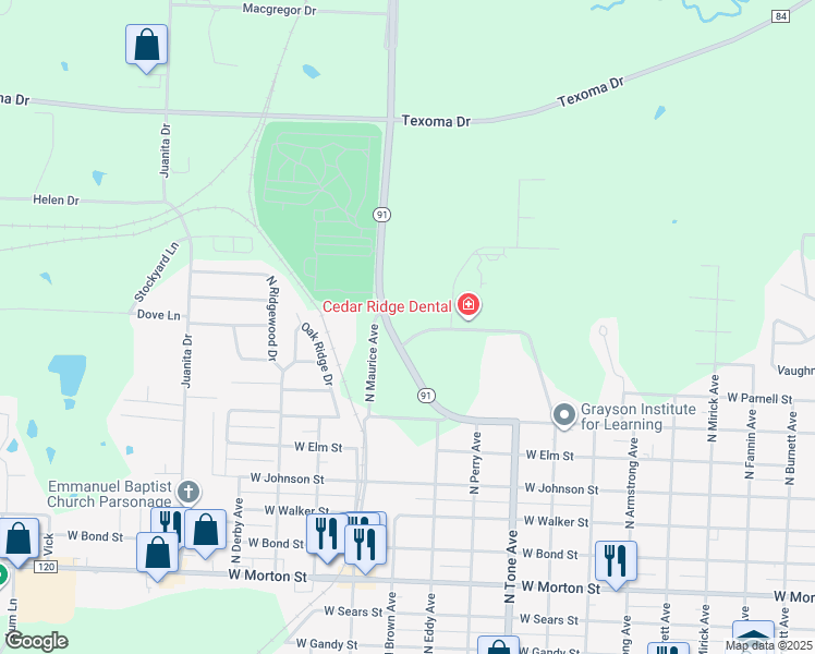 map of restaurants, bars, coffee shops, grocery stores, and more near 1336-1398 State Highway 91 in Denison