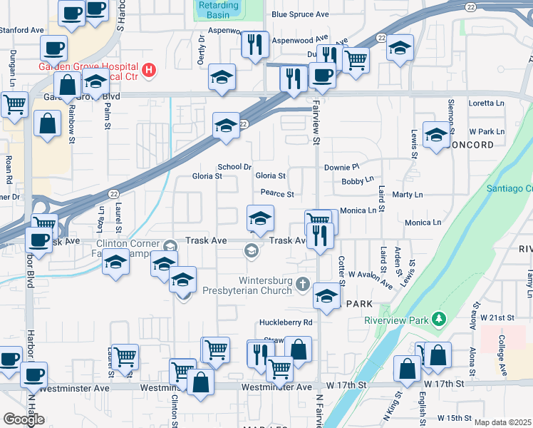 map of restaurants, bars, coffee shops, grocery stores, and more near 13427 Roberta Circle in Garden Grove
