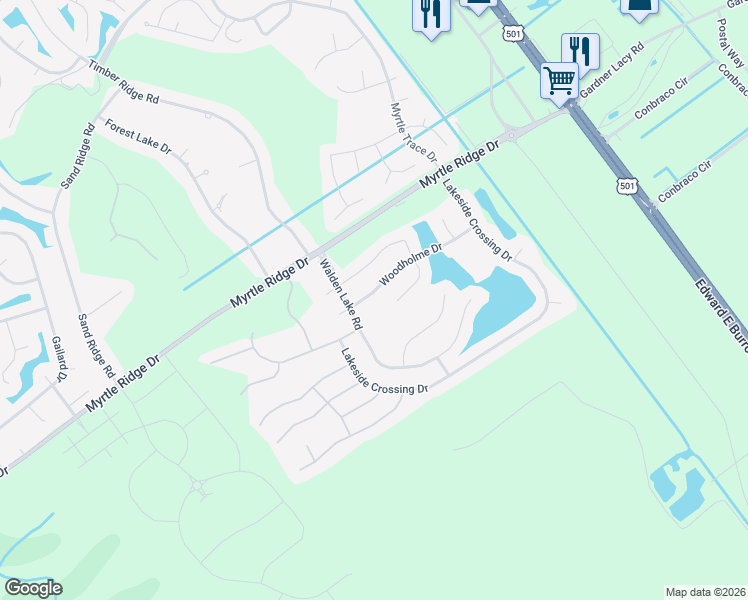 map of restaurants, bars, coffee shops, grocery stores, and more near 595 Woodholme Drive in Conway