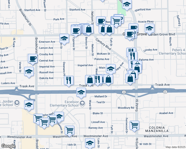 map of restaurants, bars, coffee shops, grocery stores, and more near 13372 Jessica Drive in Garden Grove