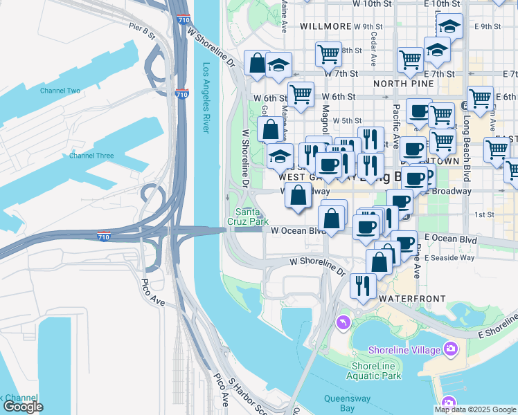 map of restaurants, bars, coffee shops, grocery stores, and more near in Long Beach
