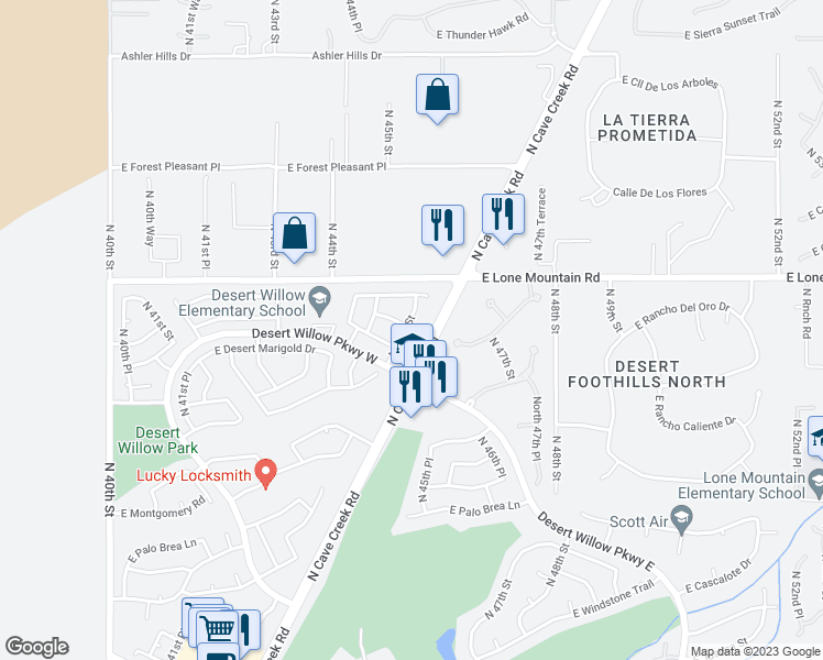 map of restaurants, bars, coffee shops, grocery stores, and more near 31071 North 45th Street in Cave Creek