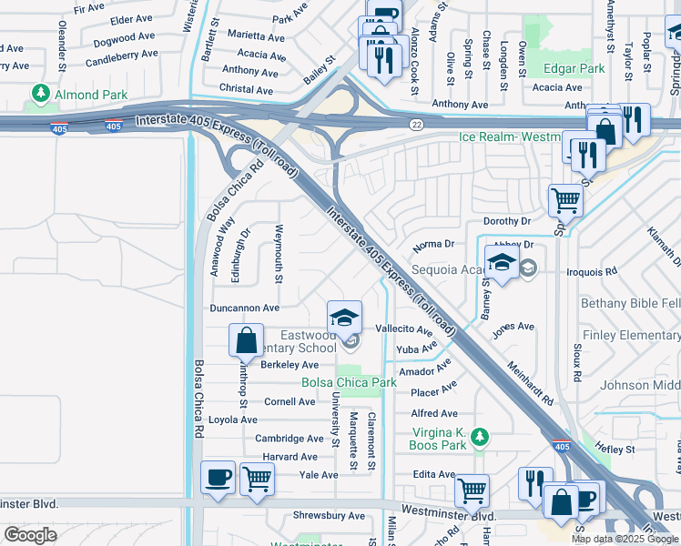 map of restaurants, bars, coffee shops, grocery stores, and more near 5302 Franklin Circle in Westminster