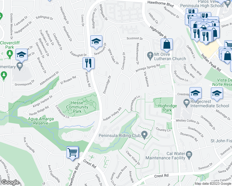 map of restaurants, bars, coffee shops, grocery stores, and more near 29130 Covecrest Drive in Rancho Palos Verdes