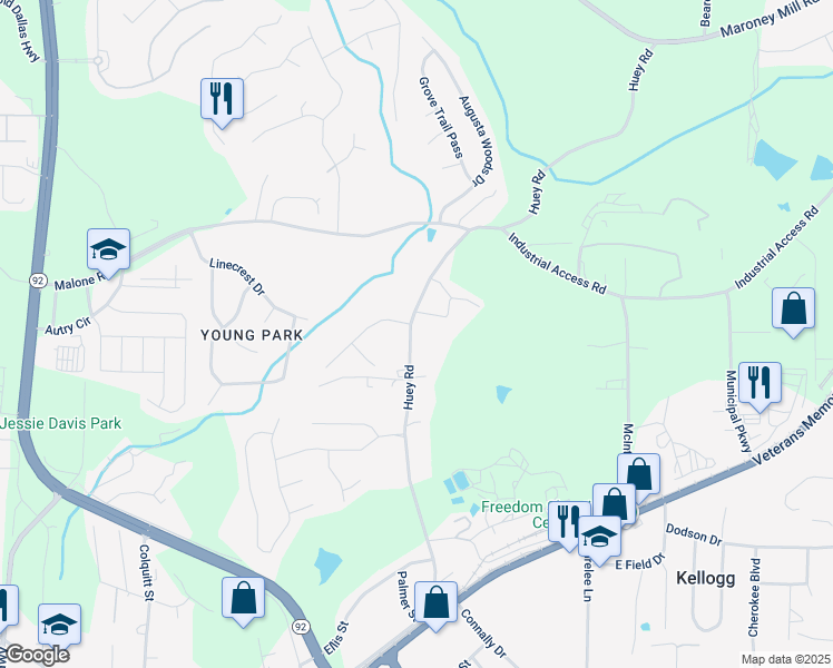 map of restaurants, bars, coffee shops, grocery stores, and more near 1376 Huey Road in Douglasville