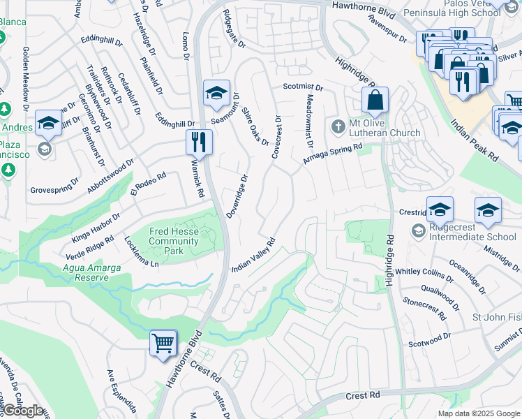 map of restaurants, bars, coffee shops, grocery stores, and more near 29130 Covecrest Drive in Rancho Palos Verdes