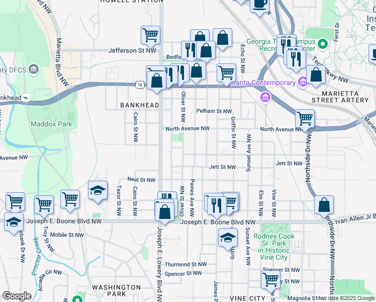 map of restaurants, bars, coffee shops, grocery stores, and more near 486 Oliver Street Northwest in Atlanta