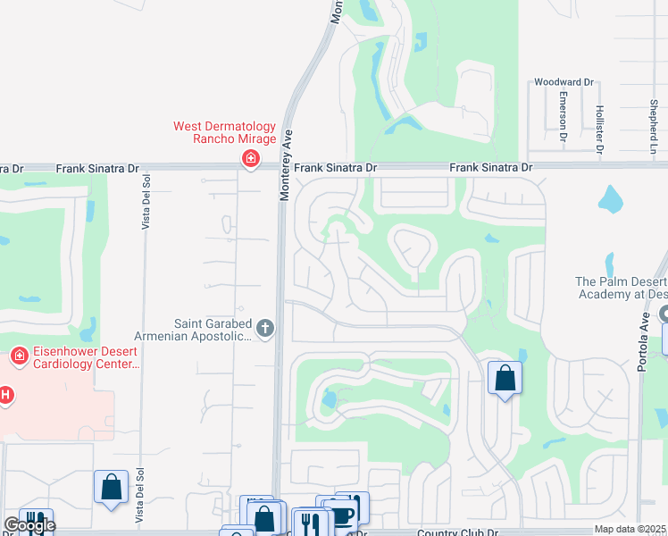map of restaurants, bars, coffee shops, grocery stores, and more near 38680 Desert Greens Drive East in Palm Desert