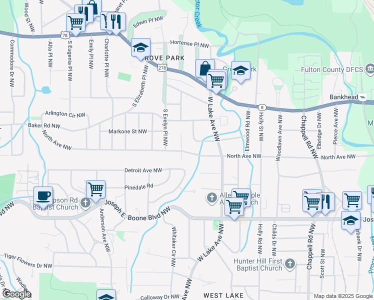 map of restaurants, bars, coffee shops, grocery stores, and more near 1718 North Avenue Northwest in Atlanta
