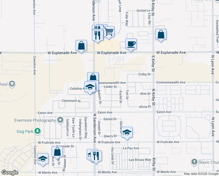 map of restaurants, bars, coffee shops, grocery stores, and more near 1255 Millie Drive in Hemet