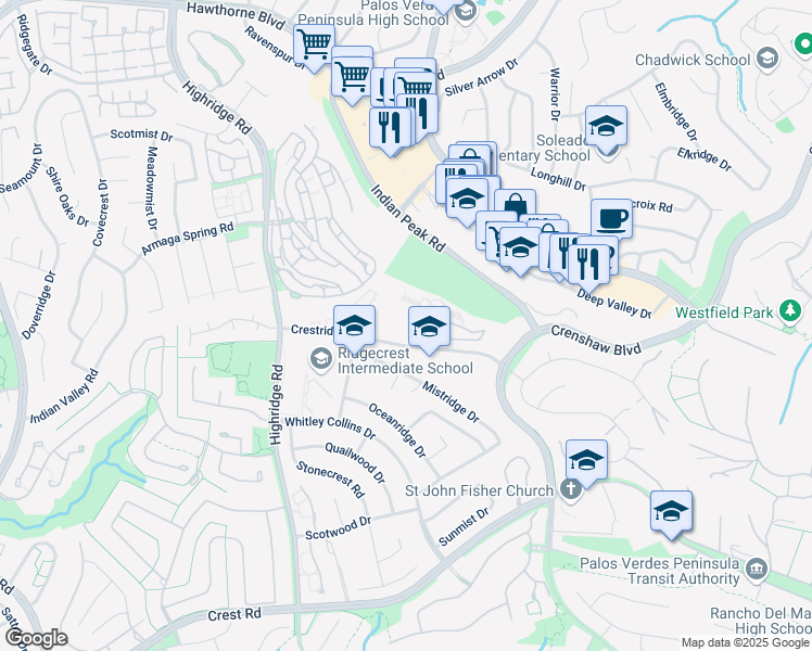 map of restaurants, bars, coffee shops, grocery stores, and more near 5701 Crestridge Road in Rancho Palos Verdes