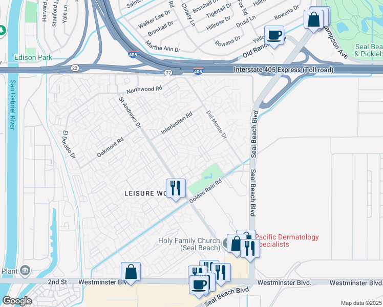 map of restaurants, bars, coffee shops, grocery stores, and more near 1701 Sunningdale Road in Seal Beach