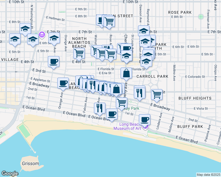 map of restaurants, bars, coffee shops, grocery stores, and more near 1763 East Appleton Street in Long Beach