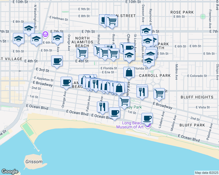 map of restaurants, bars, coffee shops, grocery stores, and more near in Long Beach