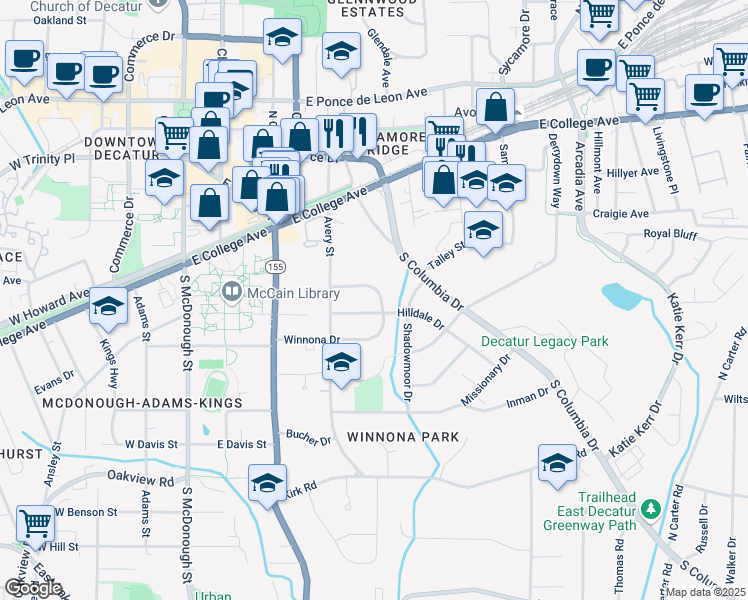 map of restaurants, bars, coffee shops, grocery stores, and more near 266 Winnona Drive in Decatur