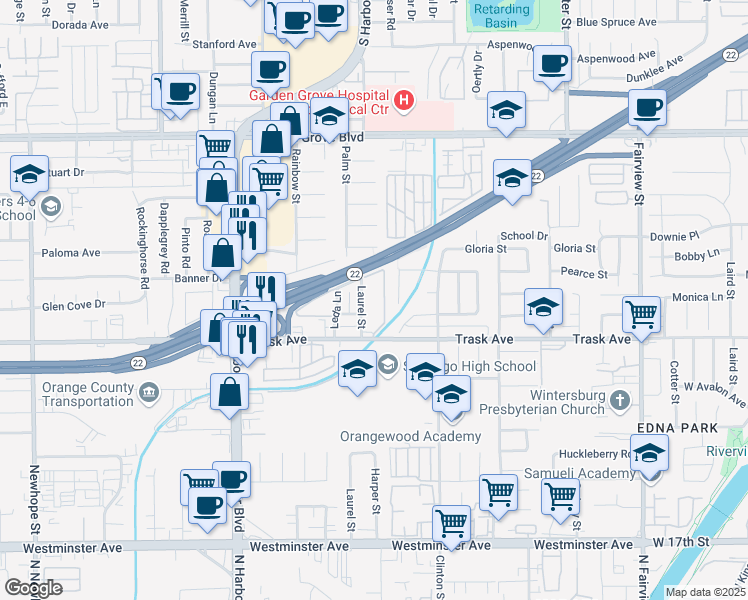map of restaurants, bars, coffee shops, grocery stores, and more near 13402 Palm Street in Garden Grove