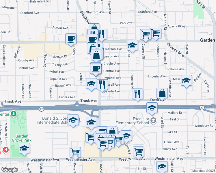 map of restaurants, bars, coffee shops, grocery stores, and more near 10055 Dakota Avenue in Garden Grove