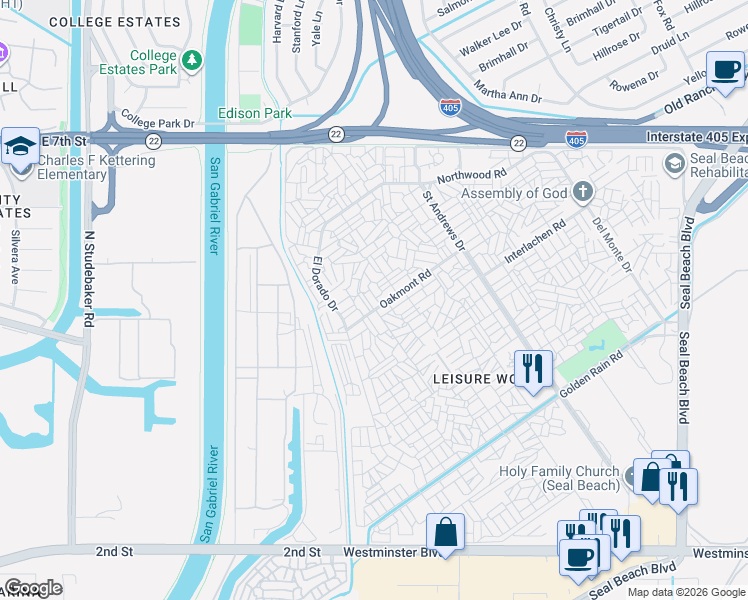 map of restaurants, bars, coffee shops, grocery stores, and more near 1260 Oakmont Road in Seal Beach