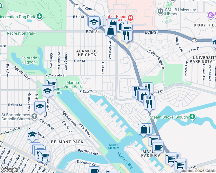 map of restaurants, bars, coffee shops, grocery stores, and more near 334 La Jolla Avenue in Long Beach