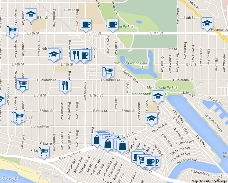 map of restaurants, bars, coffee shops, grocery stores, and more near 298 Park Avenue in Long Beach