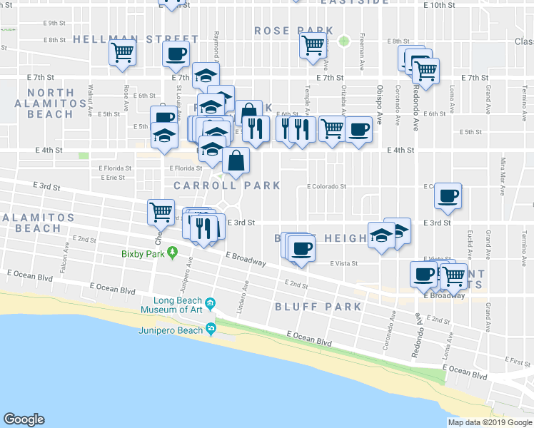map of restaurants, bars, coffee shops, grocery stores, and more near 2622 East 3rd Street in Long Beach