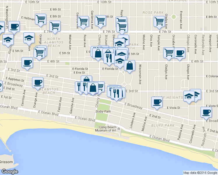 map of restaurants, bars, coffee shops, grocery stores, and more near 2027 East Appleton Street in Long Beach