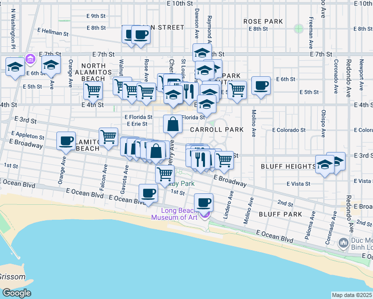 map of restaurants, bars, coffee shops, grocery stores, and more near 2027 East Appleton Street in Long Beach