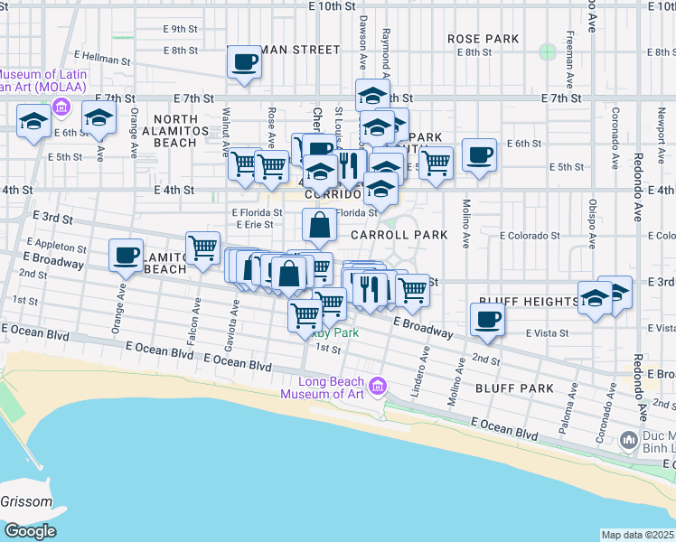 map of restaurants, bars, coffee shops, grocery stores, and more near 2027 East Appleton Street in Long Beach