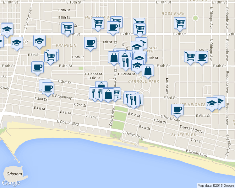map of restaurants, bars, coffee shops, grocery stores, and more near 2027 East Appleton Street in Long Beach