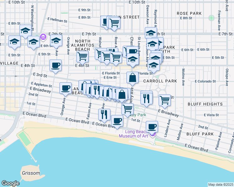 map of restaurants, bars, coffee shops, grocery stores, and more near 1765 East Broadway in Long Beach