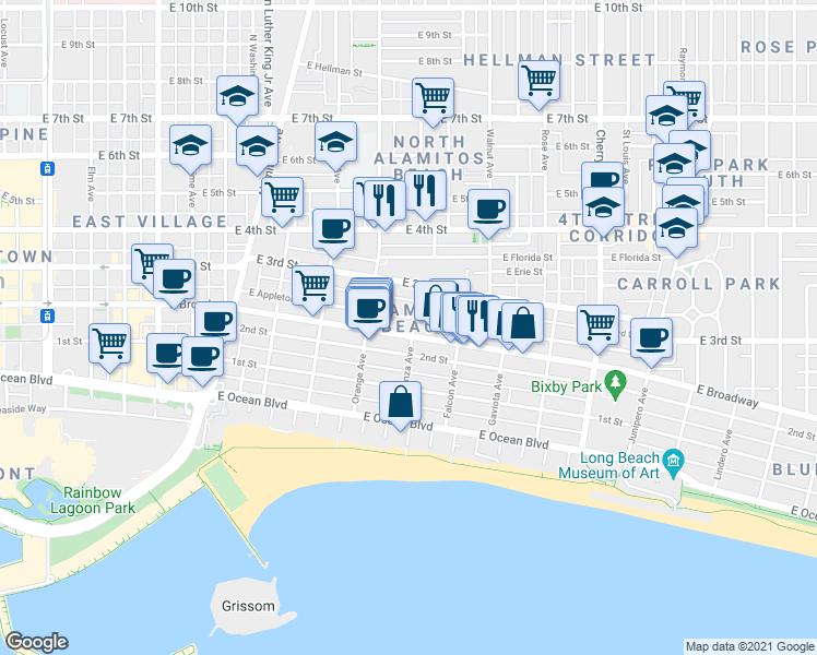 map of restaurants, bars, coffee shops, grocery stores, and more near 1320 East Broadway in Long Beach