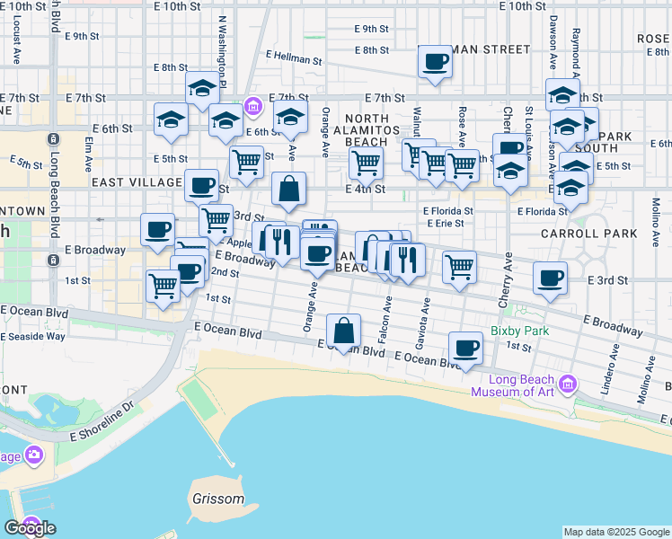 map of restaurants, bars, coffee shops, grocery stores, and more near 1231 2nd Street in Long Beach