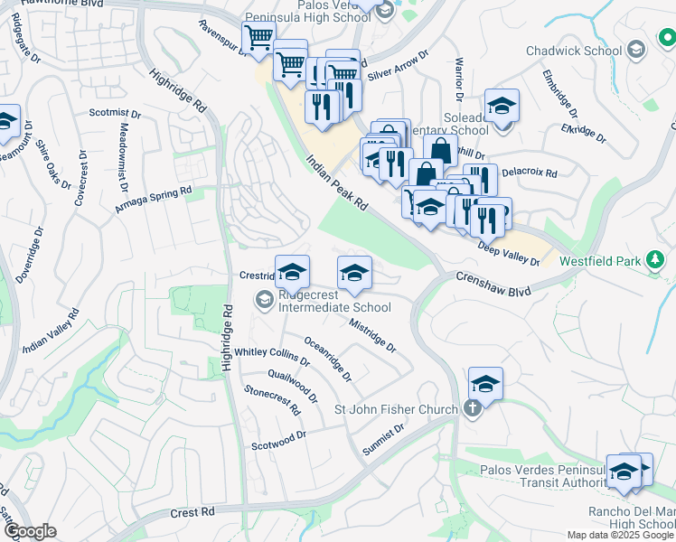 map of restaurants, bars, coffee shops, grocery stores, and more near 5701 Crestridge Road in Rancho Palos Verdes