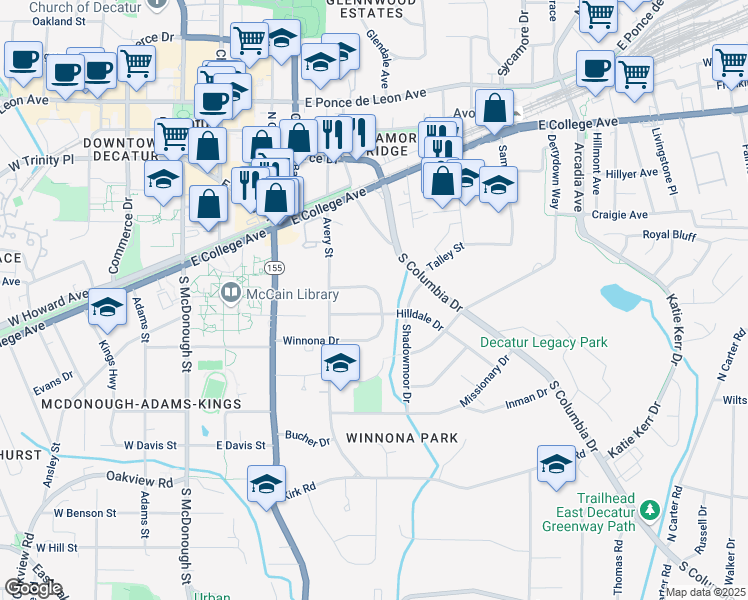 map of restaurants, bars, coffee shops, grocery stores, and more near 266 Winnona Drive in Decatur