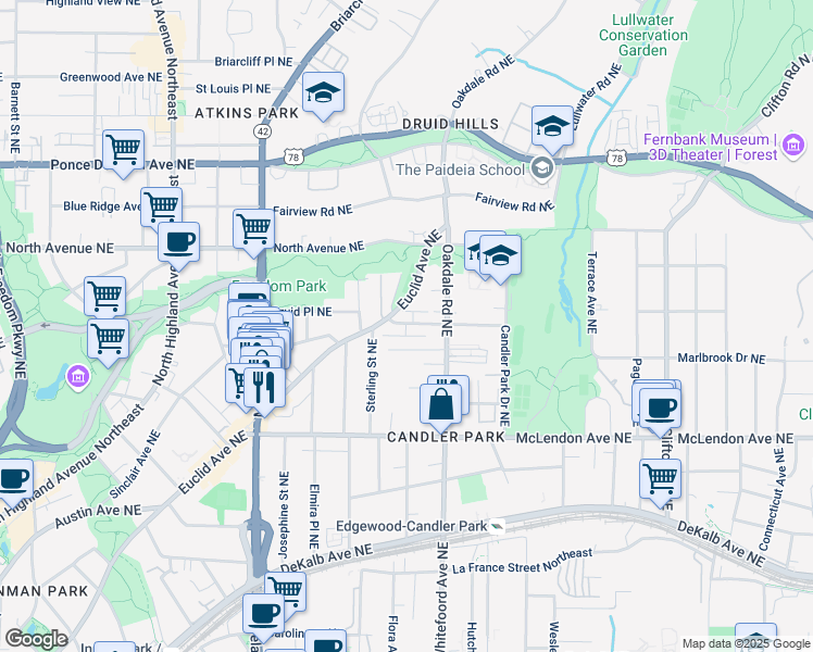 map of restaurants, bars, coffee shops, grocery stores, and more near 1344 Hooper Avenue Northeast in Atlanta
