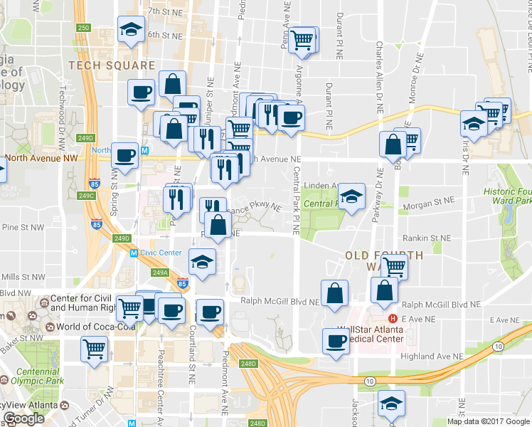 map of restaurants, bars, coffee shops, grocery stores, and more near 10 Gilbert Trail Northeast in Atlanta