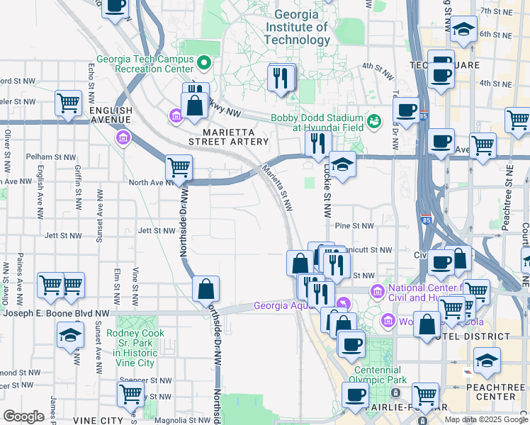 map of restaurants, bars, coffee shops, grocery stores, and more near 384 Northyards Blvd NW in Atlanta