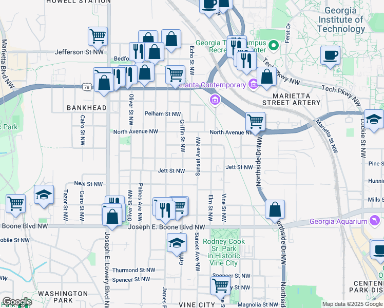 map of restaurants, bars, coffee shops, grocery stores, and more near 701 Cameron Madison Alexander Boulevard Northwest in Atlanta