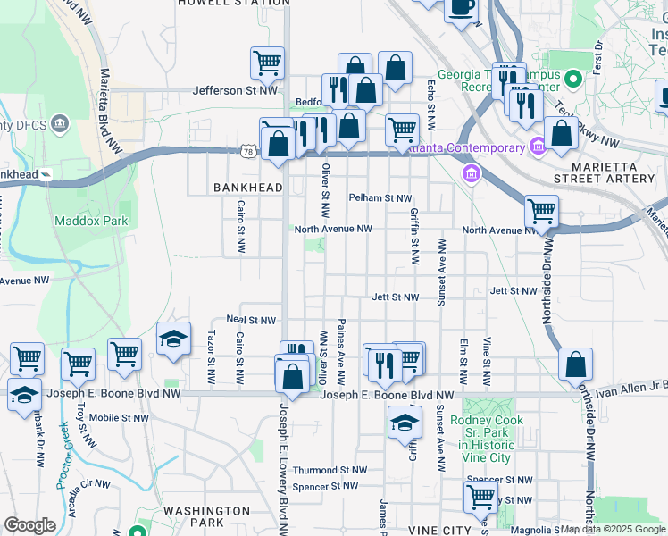 map of restaurants, bars, coffee shops, grocery stores, and more near 486 Oliver Street Northwest in Atlanta