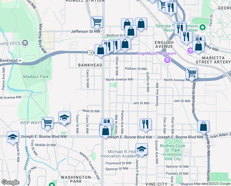 map of restaurants, bars, coffee shops, grocery stores, and more near 506 Oliver Street Northwest in Atlanta