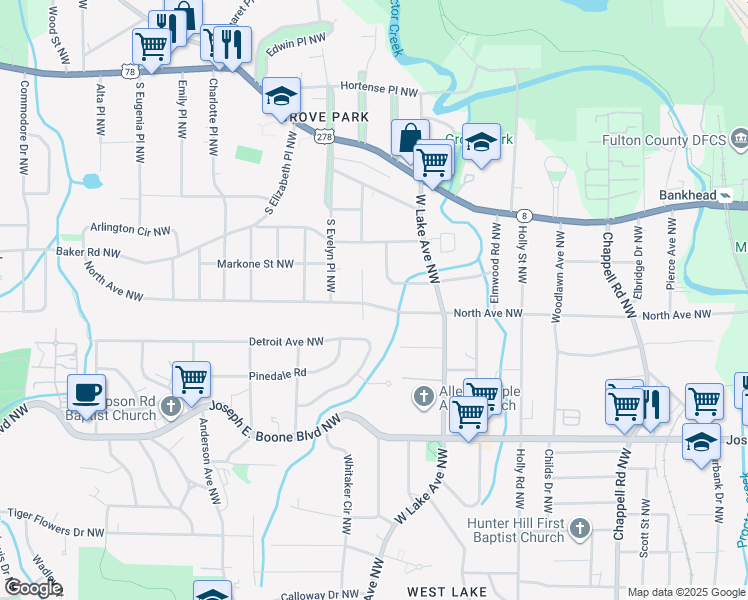 map of restaurants, bars, coffee shops, grocery stores, and more near 1718 North Avenue Northwest in Atlanta