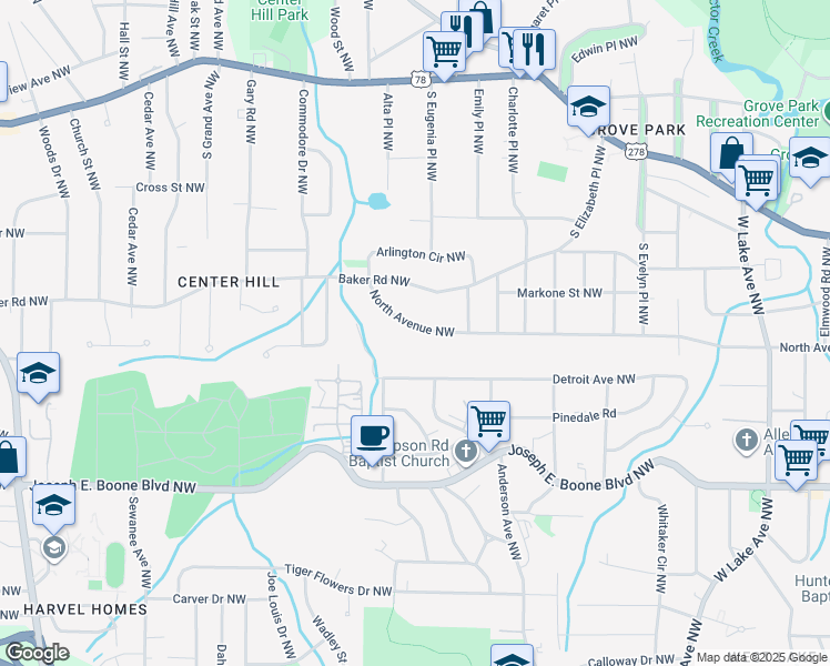 map of restaurants, bars, coffee shops, grocery stores, and more near 2020 North Avenue Northwest in Atlanta
