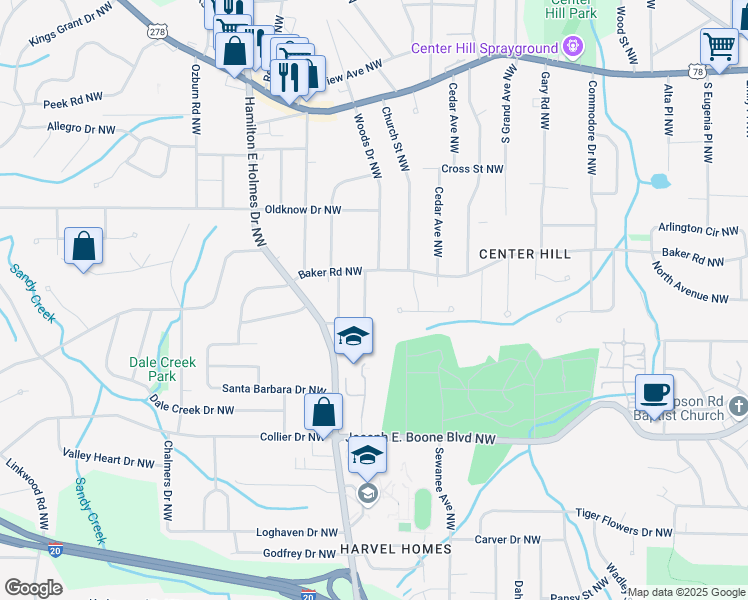 map of restaurants, bars, coffee shops, grocery stores, and more near 493 Woods Drive Northwest in Atlanta