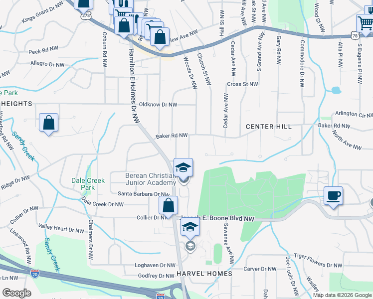 map of restaurants, bars, coffee shops, grocery stores, and more near 494 Woods Drive Northwest in Atlanta