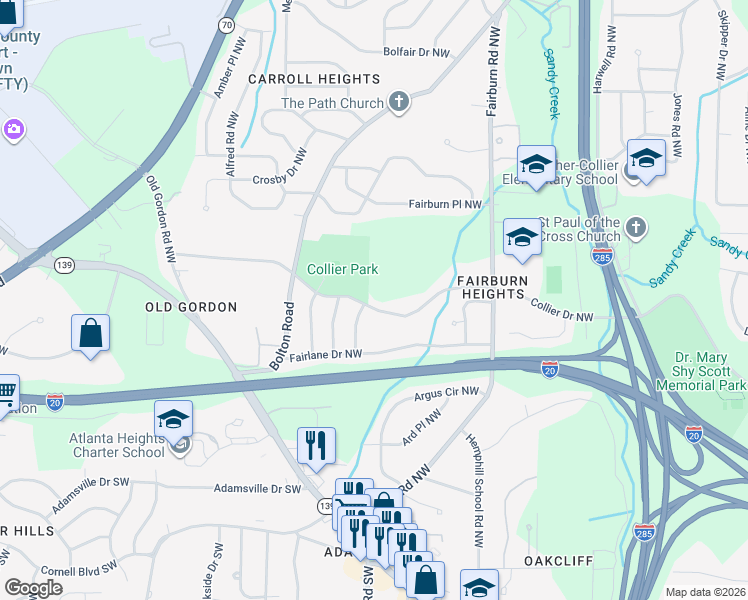 map of restaurants, bars, coffee shops, grocery stores, and more near 473 Camrose Way Northwest in Atlanta