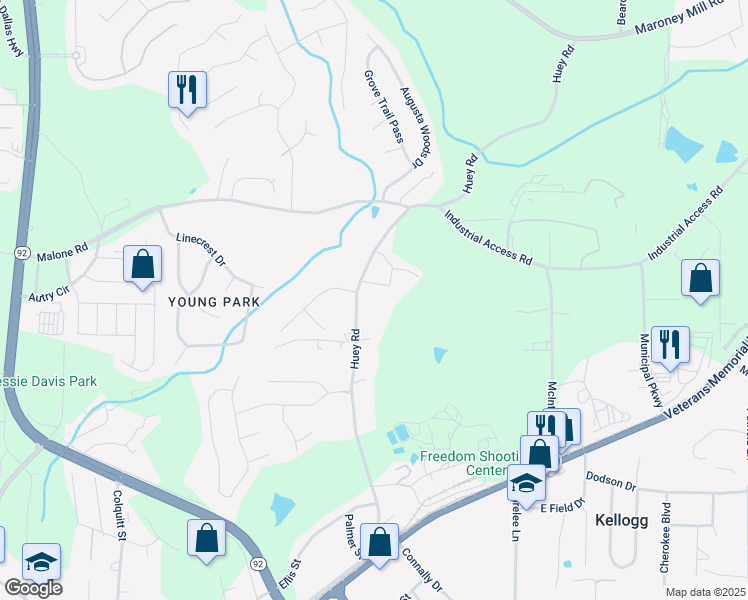 map of restaurants, bars, coffee shops, grocery stores, and more near 1376 Huey Road in Douglasville