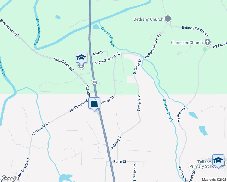 map of restaurants, bars, coffee shops, grocery stores, and more near 98 James Street in Tallapoosa