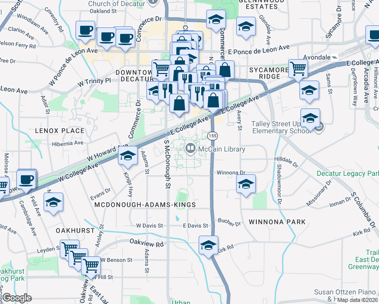 map of restaurants, bars, coffee shops, grocery stores, and more near 141 East College Avenue in Decatur