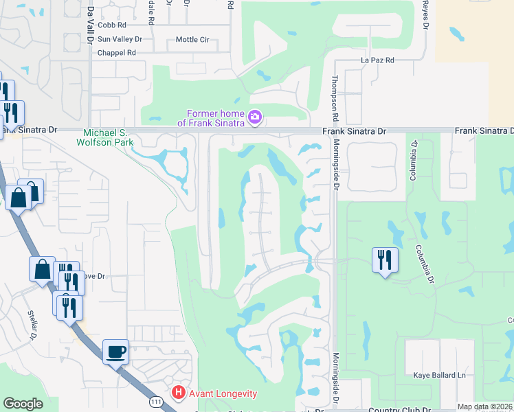 map of restaurants, bars, coffee shops, grocery stores, and more near 14 Creekside Drive in Rancho Mirage