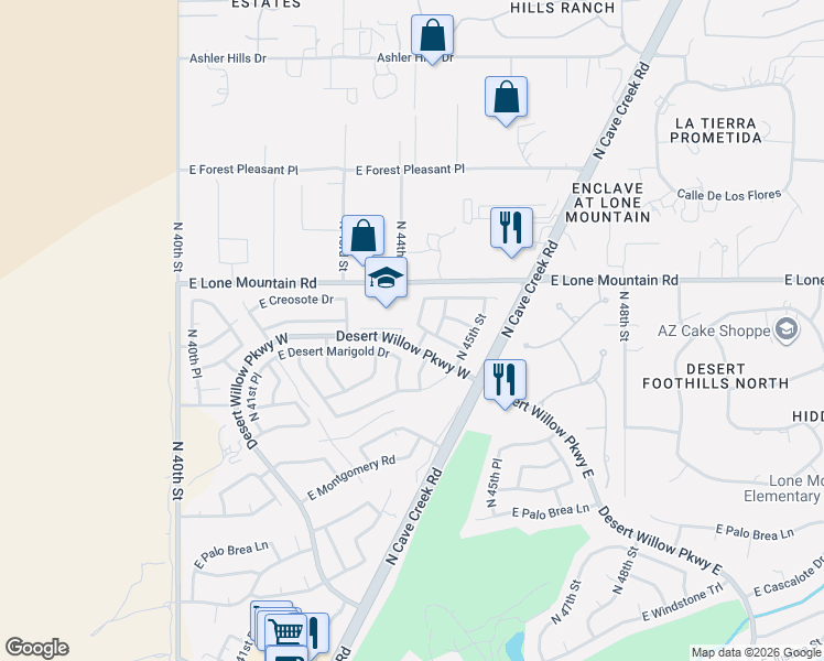 map of restaurants, bars, coffee shops, grocery stores, and more near 4342 East Desert Marigold Drive in Cave Creek